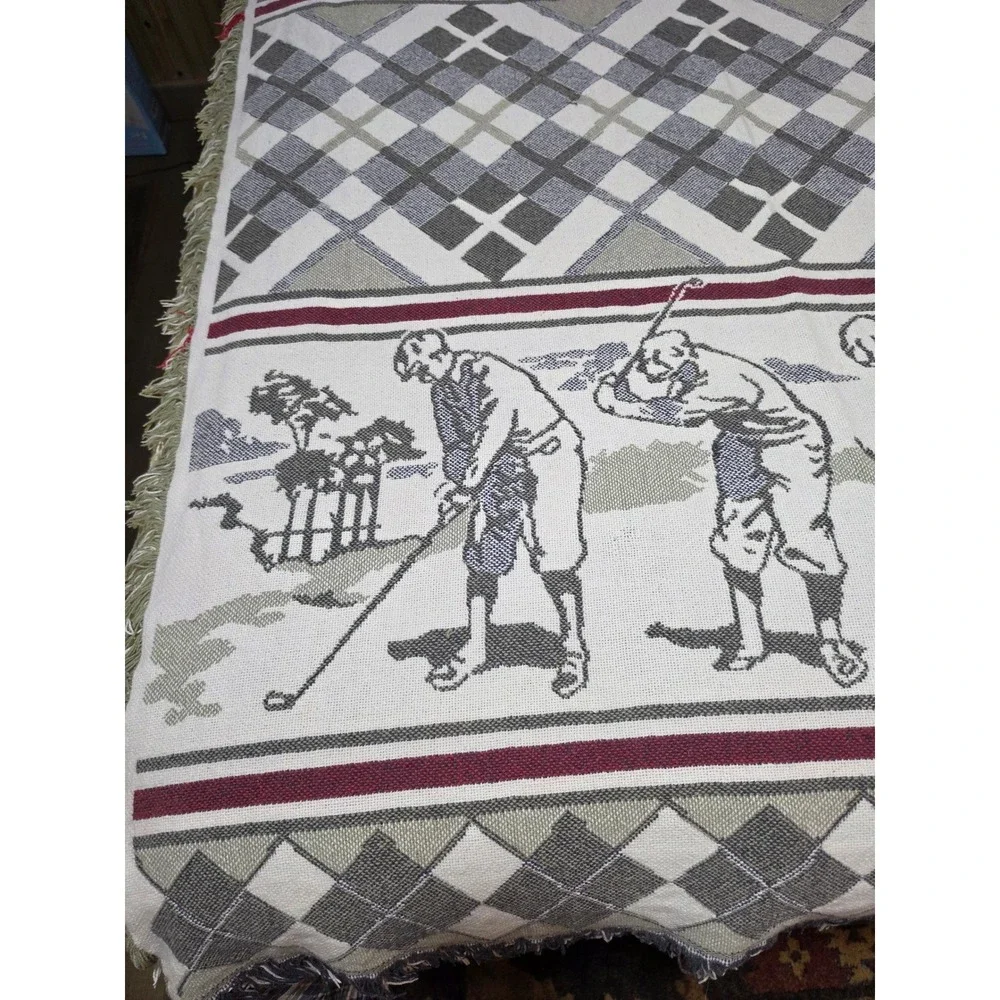 Vintage Woven Golf Tapestry Throw Blanket Argyle Fringed Cotton 48x64